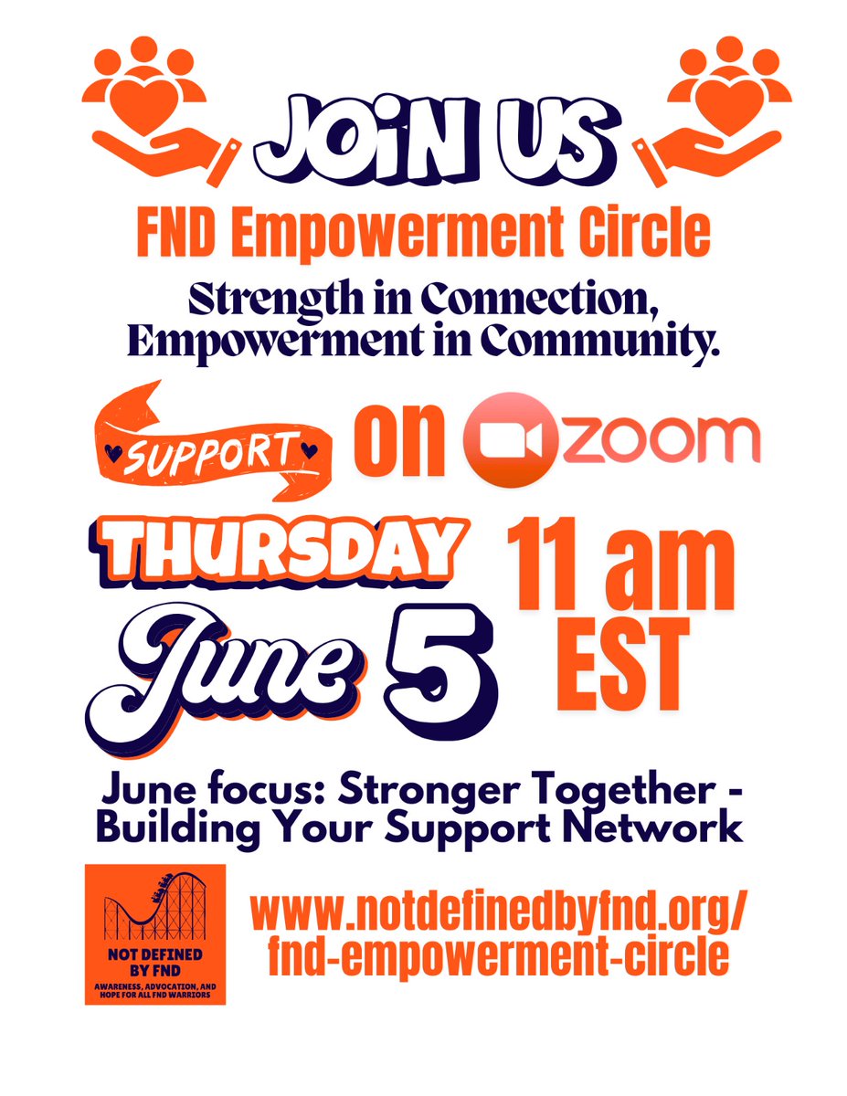 💙 Living with FND or support someone who is? You’re not alone.
Join our FND Empowerment Circle on Zoom!
📅 June 5 | 🕚 11 AM EST
💬 “Stronger Together: Building Your Support Network”
✅ Free &amp; open to all
🔗 RSVP: notdefinedbyfnd.org/fnd-empowermen…
#FND