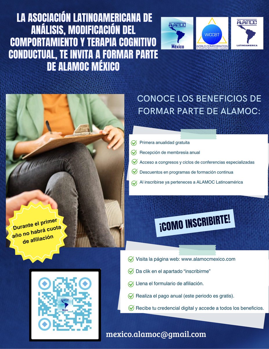 AlamocMexico's tweet photo. 🎓 ¡Afíliate a ALAMOC México!

✔️ Primera anualidad GRATIS
✔️ Acceso a congresos y formación
✔️ Ya eres parte de ALAMOC Latinoamérica
🧠 https://t.co/LQret2gt8T
#Psicología #TCC #Afiliación #ALAMOCMéxico #Congreso https://t.co/veLsUwdV8a