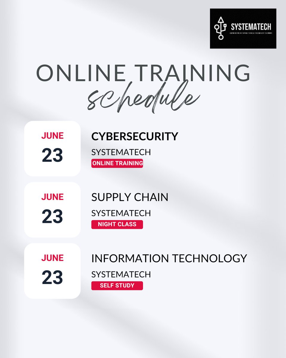 atech_system's tweet photo. Ready to boost your career? Starting June 23, enroll in top-notch online training programs designed for busy professionals! Enroll now → https://t.co/NkYk1qDikh
#Cybersecurity, #SupplyChain, or #InformationTechnology #CareerGrowth #OnlineLearning https://t.co/P1uVSQW4RV