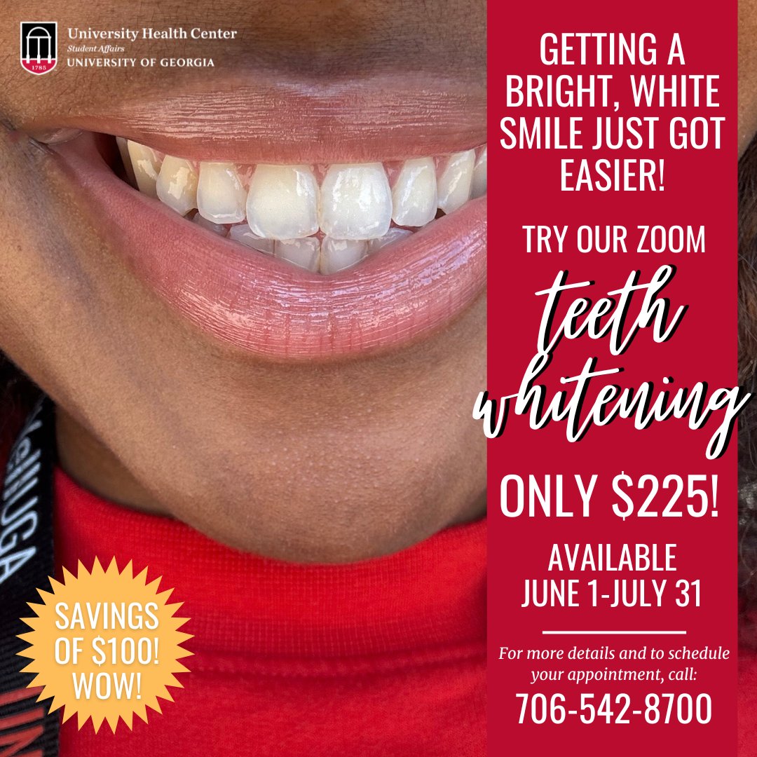 ☀️🦷✨ Smile brighter this summer! From June 1 -July 31, the UHC Dental Clinic is offering Zoom Teeth Whitening to help you shine for only $225! Book your appointment today by calling 706-542-8700! #BeWellUGA