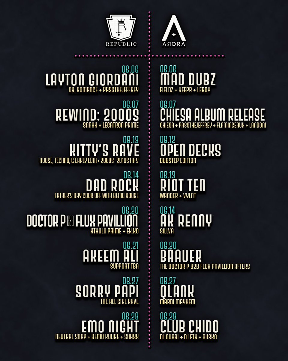 ☀️ YOUR JUNE CALENDAR IS HERE 🏖️

Which show are you most excited for? Let us know ⬇️

Get your tickets NOW at republicnola.com &amp; aroranola.com 🎟️