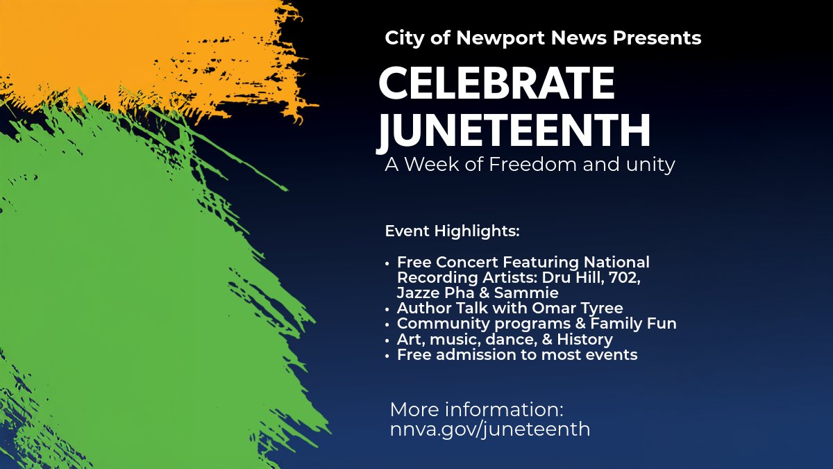 🎉 Celebrate #Juneteenth in #NewportNews!
FREE Freedom Festival feat. Dru Hill, 702, Jazze Pha &amp; Sammie 🎤
Author Talk w/ Omar Tyree, art, music, film &amp; more!
🗓️ June 13–21
🔗 Full schedule: loom.ly/BVticKY
#Juneteenth2025 #FreedomFestNN