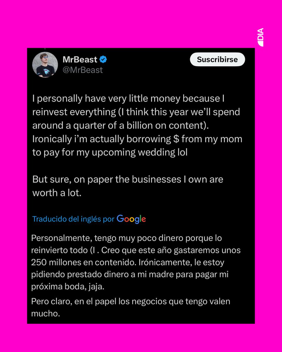 HENDYY CON <a href="/MrBeast/">MrBeast</a> 🔥🐴👀💸

📲  MrBeast, el youtuber estadounidense, reveló que casi no  cuenta con dinero líquido a pesar de ser uno de los creadores de  contenidos más exitosos del mundo.💰

🗣️ “Le estoy pidiendo prestado dinero a mi madre para pagar mi próxima boda”