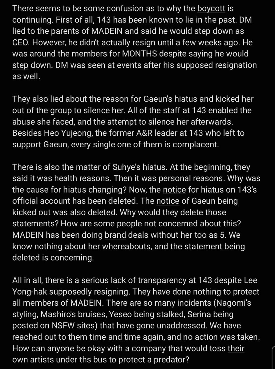 kep1dalso's tweet photo. "Why are you still boycotting MADEIN and 143?"

Until justice is served we won’t stay silent #JusticeForGaeun 
FREE MADEIN
#143은설명하라 
#BOYCOTT143ENT https://t.co/0MEOr207Ub