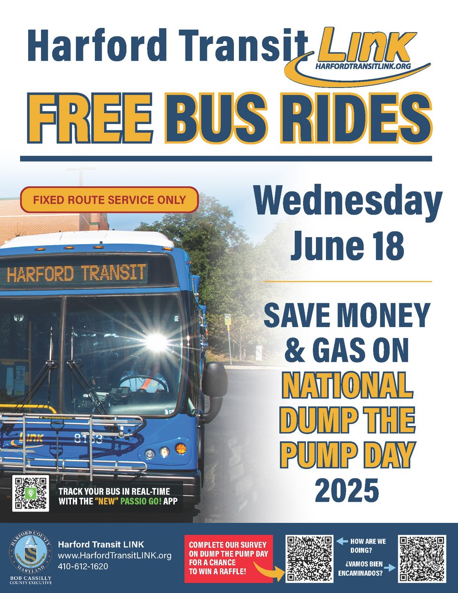Ride Harford Transit LINK Fixed Routes for FREE on June 18 for National Dump the Pump Day
harfordcountymd.gov/ArchiveCenter/…