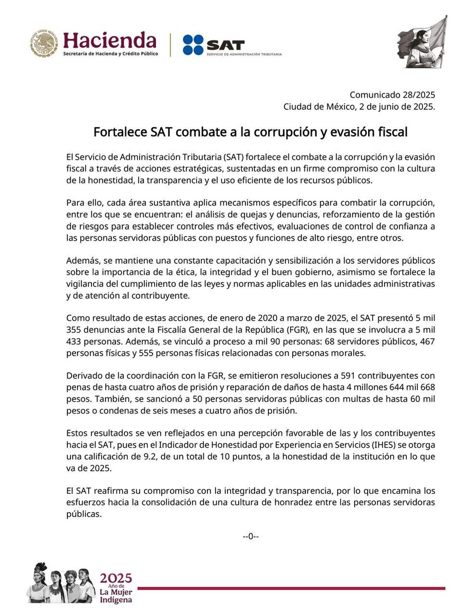#ComunicadoSAT

El SAT informa que fortalece el combate a la corrupción y la evasión fiscal mediante acciones estratégicas, sustentadas en un firme compromiso con la cultura de la honestidad, la transparencia y el uso eficiente de los recursos públicos.

Estas acciones refuerzan