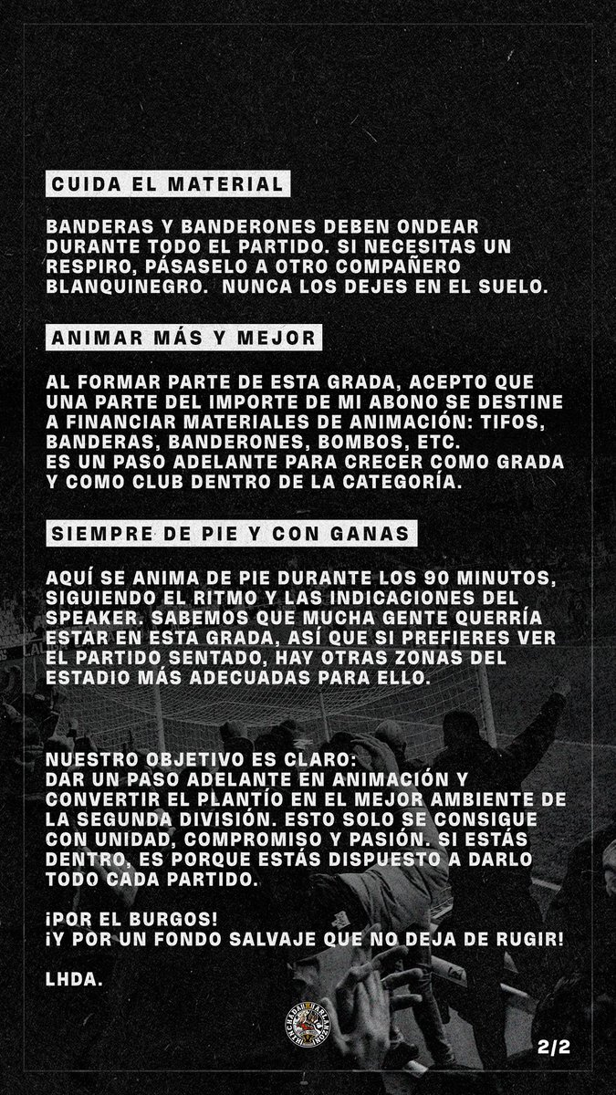 LHDABURGOS's tweet photo. Temporada 25/26

Grada de animación 

Formar parte de la GdA del Burgos CF significa ser parte de algo más que un asiento en El Plantío. Creemos que todos los abonados de esta zona deben conocer y compartir una serie de principios básicos antes de renovar.

LHDA https://t.co/5ig2YlVuch