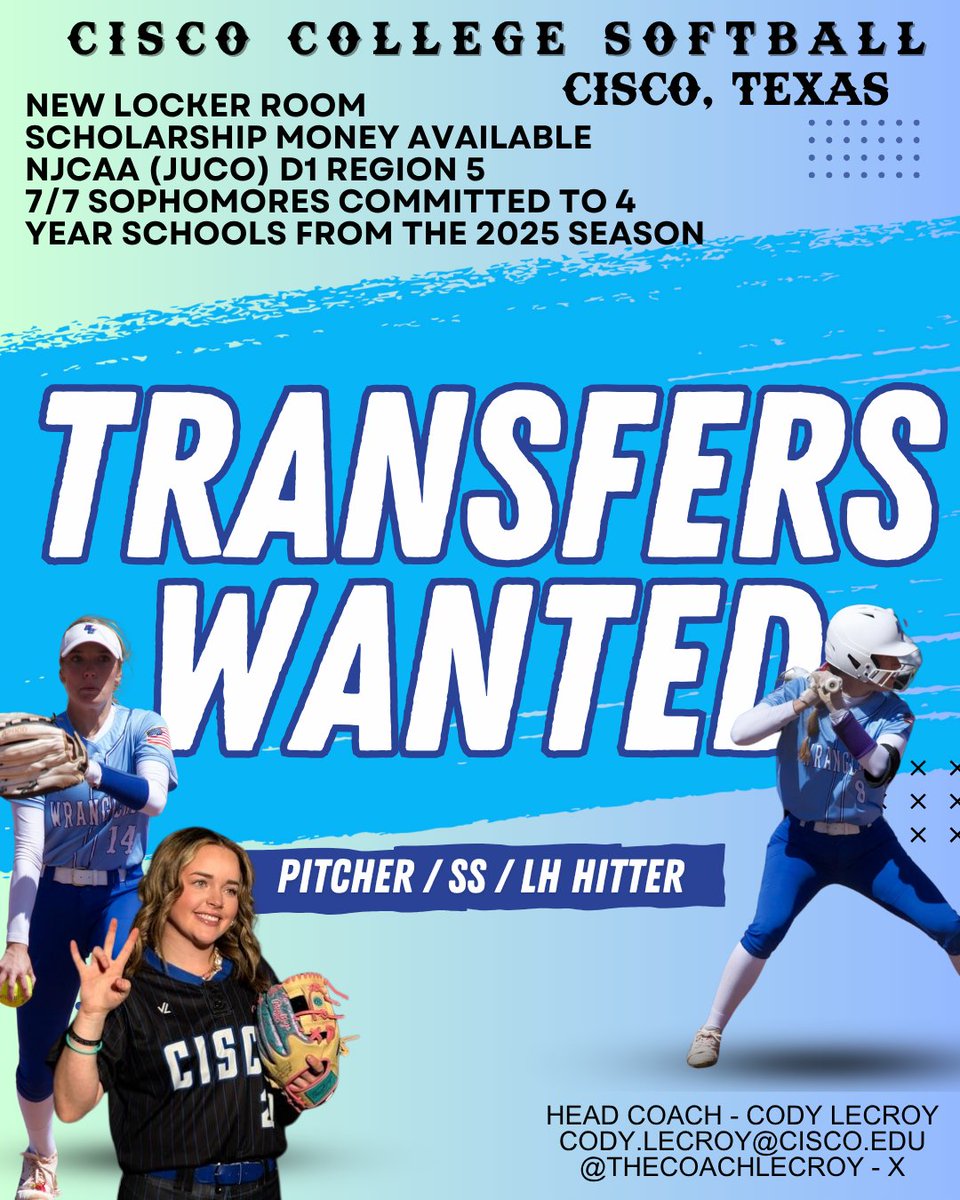 Cisco College Softball (@ciscocollegesb) on Twitter photo Cisco College Softball (Tx) is looking for college transfers to come in for the Fall 2025 season!
ISO; SS, Pitching and a BIG Bat!
JUCO D1
Money Available!
Please reach out to <a href="/TheCoachLeCroy/">The Coach LeCroy🥎</a> or email at cody.lecroy@cisco.edu
#ScoGirlSB
<a href="/SoftballPortal/">Softball Portal</a> Cisco College Softball (Tx) is looking for college transfers to come in for the Fall 2025 season!
ISO; SS, Pitching and a BIG Bat!
JUCO D1
Money Available!
Please reach out to <a href="/TheCoachLeCroy/">The Coach LeCroy🥎</a> or email at cody.lecroy@cisco.edu
#ScoGirlSB
<a href="/SoftballPortal/">Softball Portal</a>