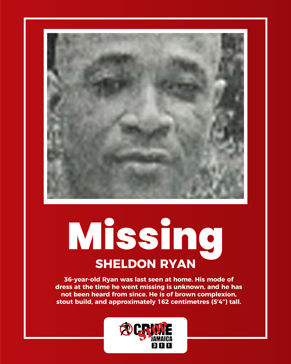 🚨 Missing: 36-year-old Ryan
Last seen at home. His mode of dress is unknown and he hasn't been heard from since.
Brown complexion, stout build, approx. 162 cm (5’4”).
📞 Report info anonymously to #CrimeStop at 311.
#MissingPerson #CrimeStopJA #HelpFindRyan