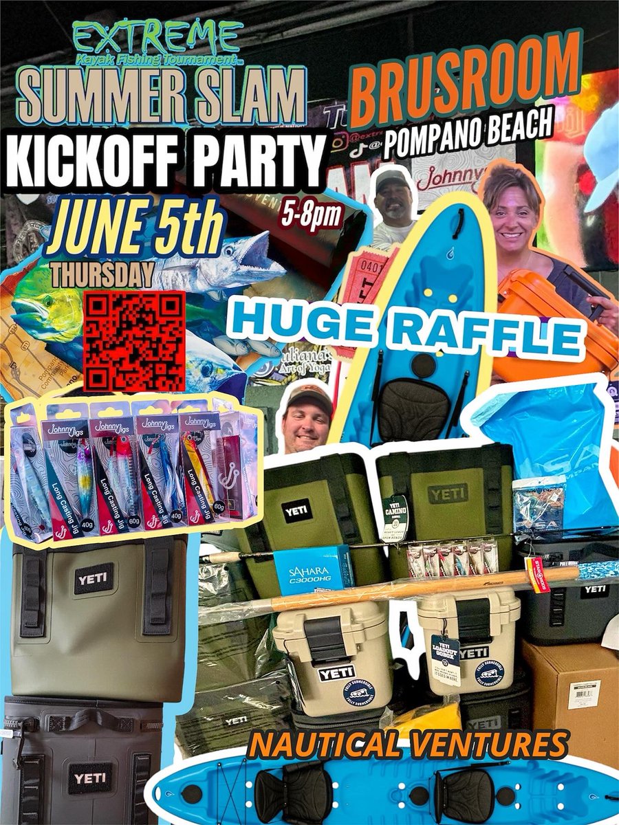 _EKFT's tweet image. 🎣 The #EKFT Summer Slam Pt. 1 KICKOFF PARTY is this THURSDAY (June 5) at Brusroom, Pompano Beach from 5–8PM!
🎟️ Huge #Raffle:
🏆 $1,200 Deuce Coupe XP Kayak
🧊 YETI Coolers, Shimano Reels, Star Rods &amp;amp; more!
🎒 Anglers: Pick up your $100+ Captain Bag!
🔗 extremekayakfishingtournament.org/summer-slam.ht…