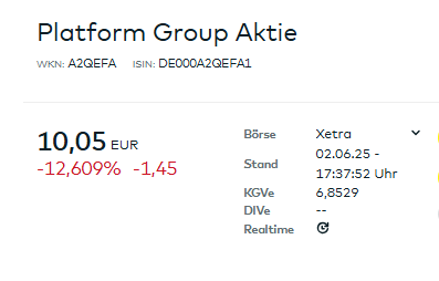l_m_s15's tweet photo. Nachdem sich der Aktienkurs von der #PlatformGroup am Freitag zum Handelsschluss wieder von den Tiefs etwas erholen konnte geht es heute erneut >12% runter. Gleichzeitig ist das Handelsvolumen sehr hoch. Auf Tradegate jetzt schon einstellig im Kurs. https://t.co/SIhgzKDVNI