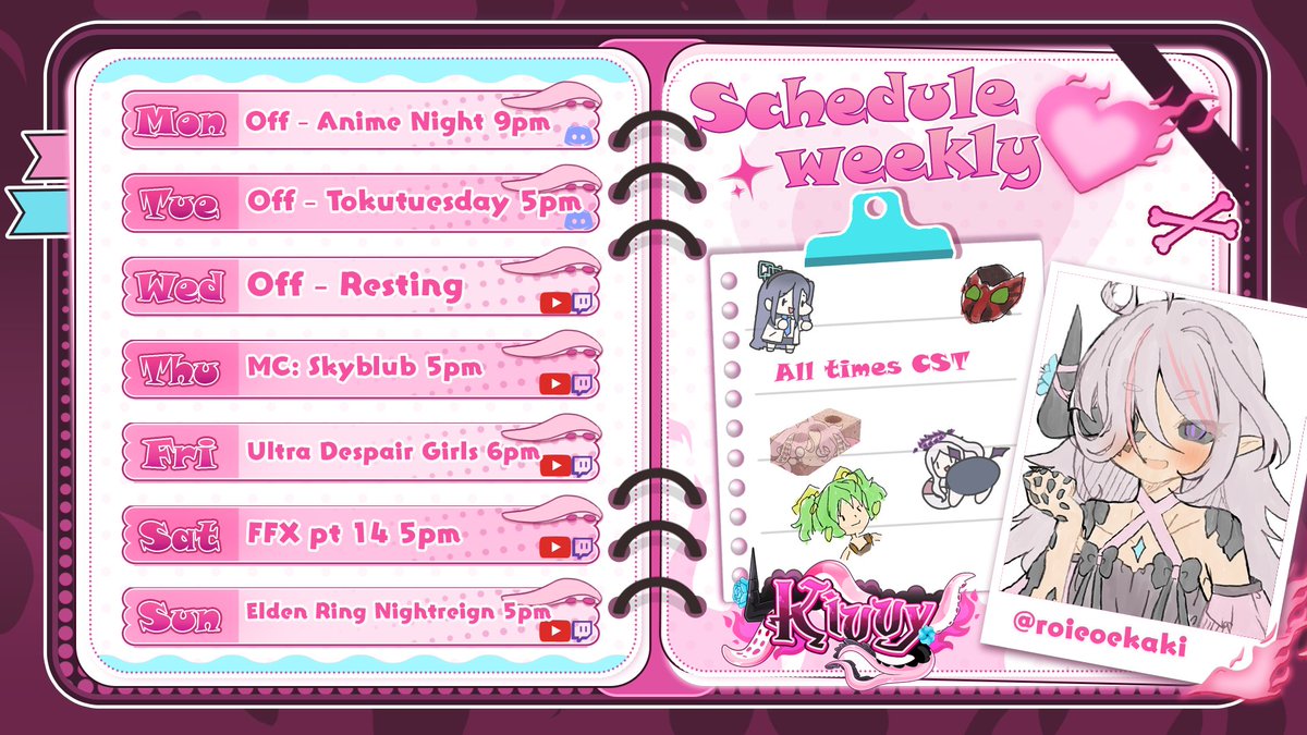 KivvyVT's tweet photo. 💢🫂🐟Cuttle Schedule!🐟🫂💢

Actual return of ultra despair girls this week???? Hopefully! Gonna be a good week of minecraft, UDGs, FFX, and Elden ring Nightreign with my sis @LunaSolarys and dad @Raccoon629691 !!

🎨: #cuttleprints
🔞: #kivvyinky

🔗's and ref below! https://t.co/cSEKOthFQ4