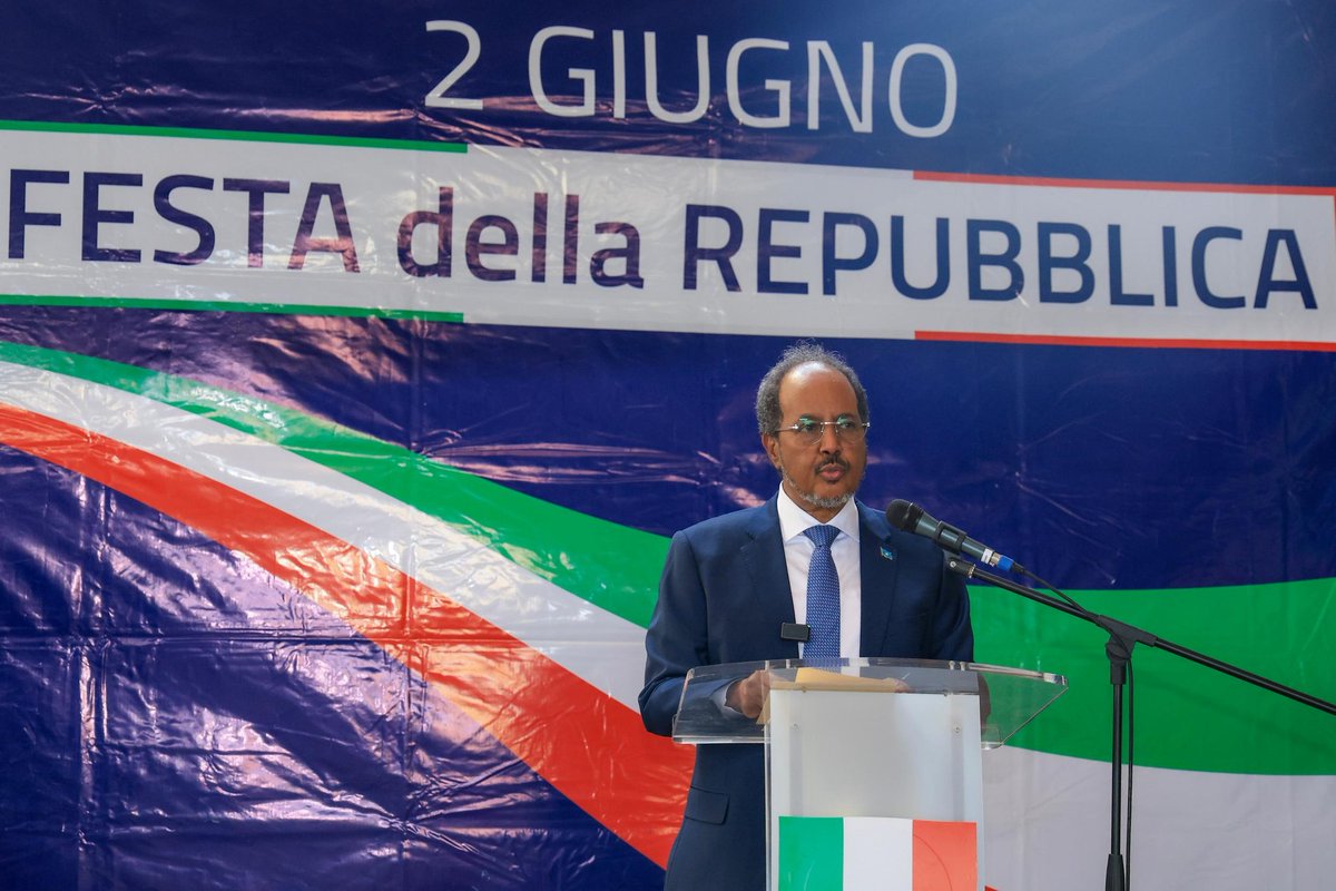 TheVillaSomalia's tweet photo. His Excellency President @HassanSMohamud attended the Italian National Day celebrations in Mogadishu today, highlighting the longstanding ties between Somalia and Italy built on decades of partnership and renewed cooperation in development, agriculture, and defense.

He also commended the strong people-to-people bonds, stating: “As Somalia moves forward on its path of recovery and reform, we look to deepen our partnership with Italy, guided by shared interests and a common vision for stability and prosperity.”