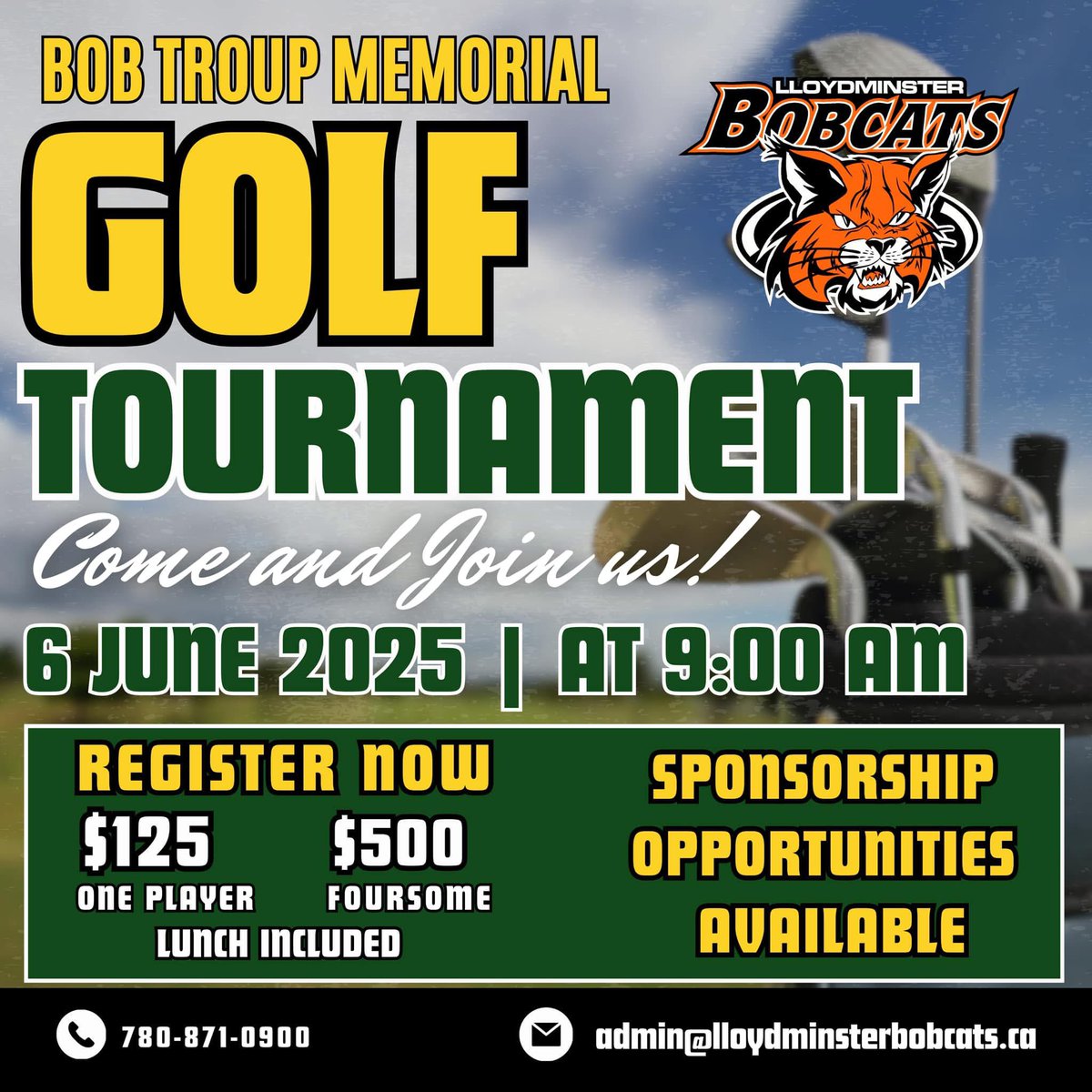 Last call!
⛳️ 
One last chance to enter your golf team in for the Lloydminster Bobcats - Bob Troup Memorial Goof Tournament this Friday! 
.
Call 780-871-0900 to book your team!