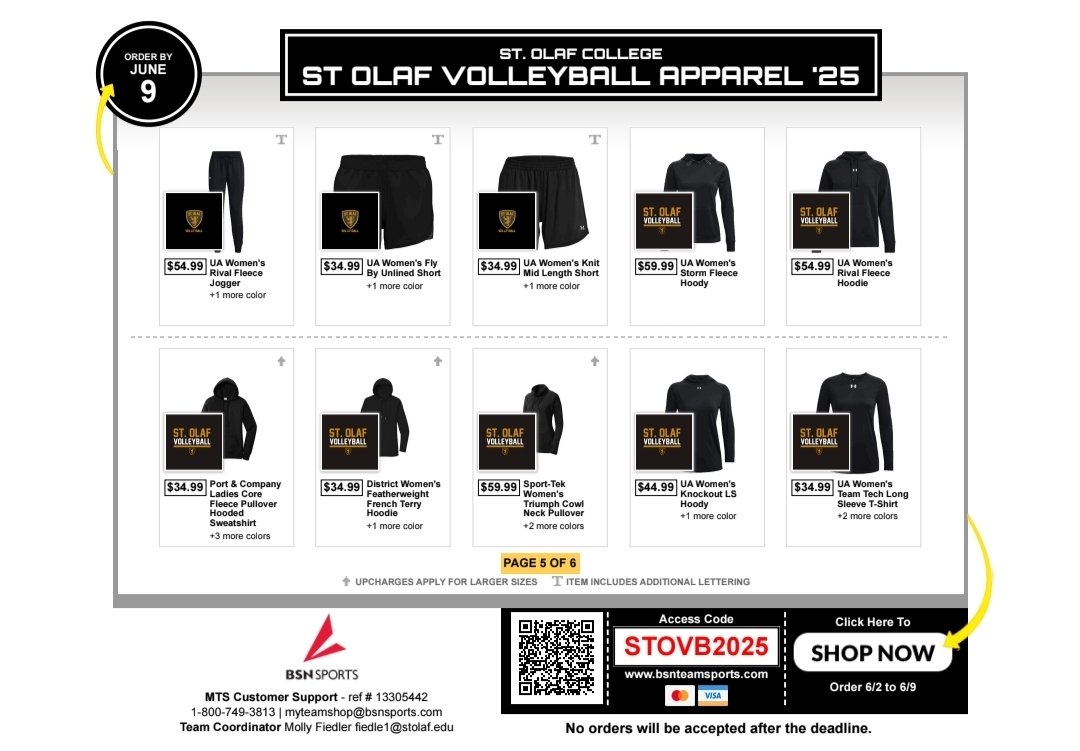 Team Store is OPEN! 🛍
Stock up on your Ole gear &amp; show your support for SOVB! 

From fan favorites to exclusive team apparel, we got everything you need to rep St Olaf Volleyball in style this Fall!
 | Open now thru - Sunday June 9th!
bsnteamsports.com/shop/STOVB2025
#UmYahYah #OlePride