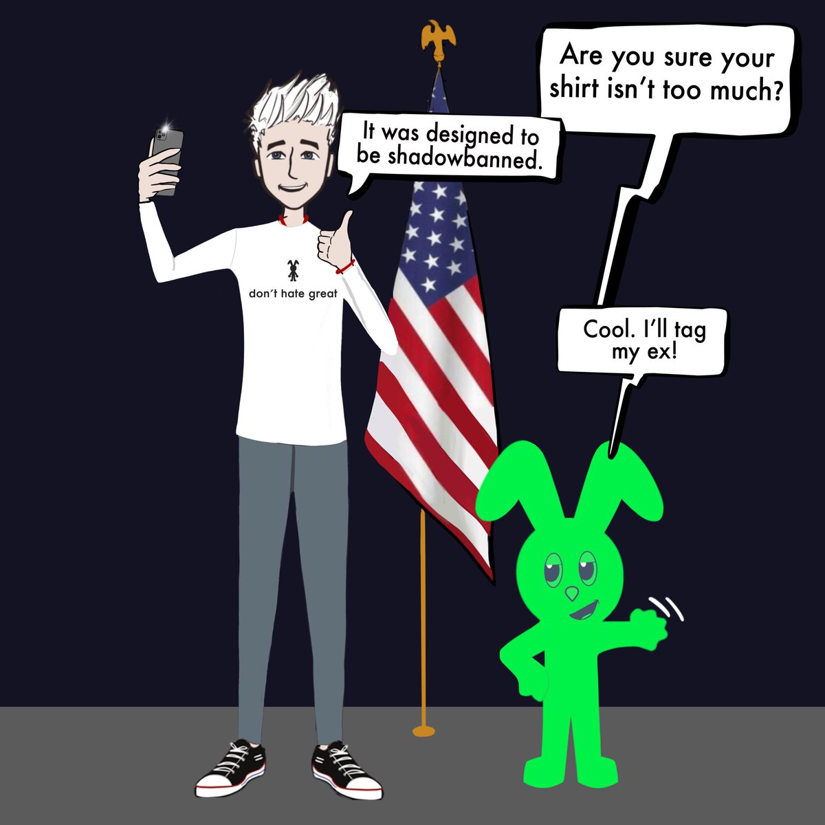 The Selfie
Made for scroll-stopping. And maybe shadowbanning. 😂 

#donthategreat
#TheStickChronicles #gfb #Comics #Comic #USA #America #patriot