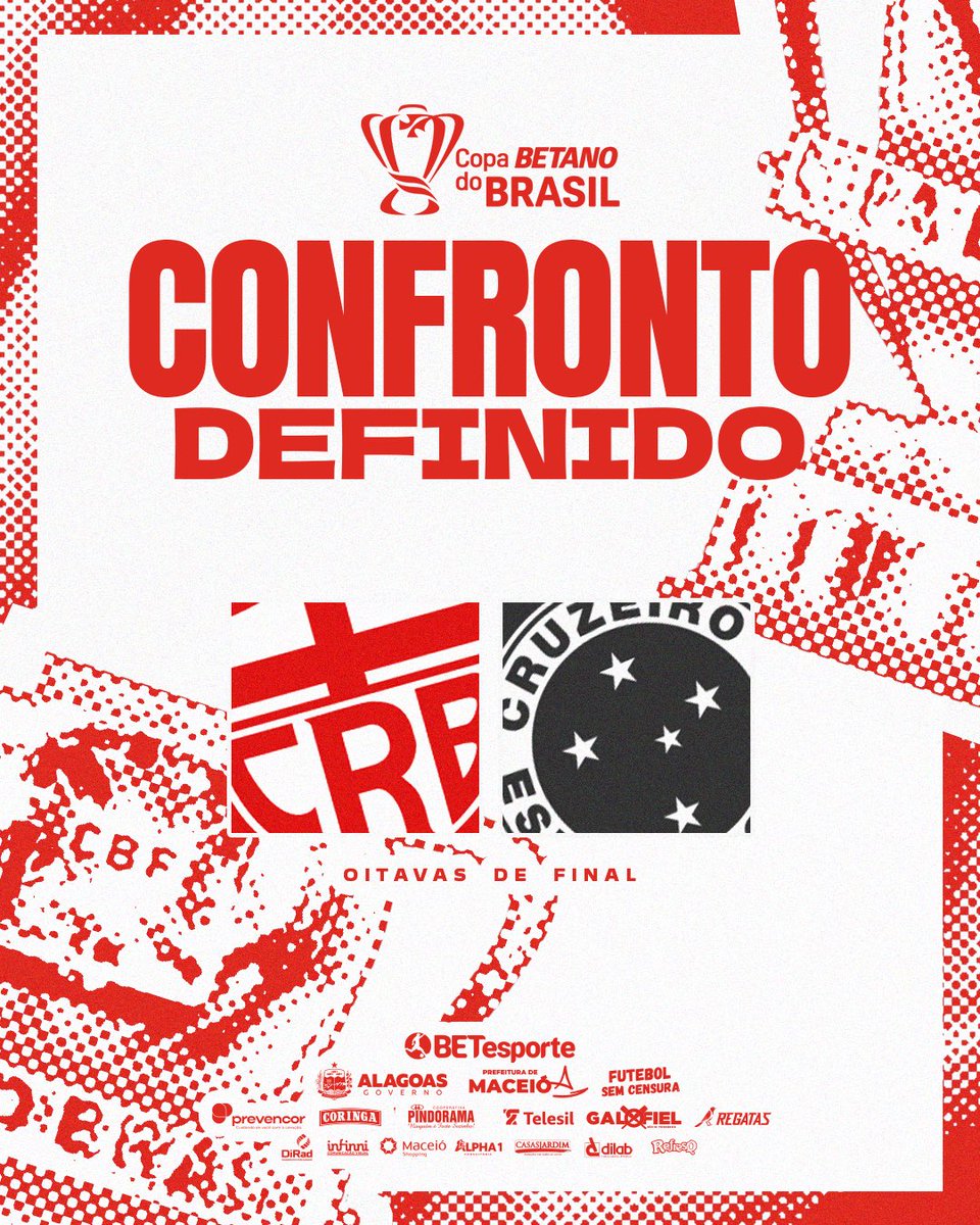 CRBoficial's tweet photo. CONFRONTO DEFINIDO! ⚔️🔥

O Galo de Campina enfrentará o Cruzeiro pelas oitavas de final da Copa do Brasil de 2025. O jogo de ida tem como data base o dia 30/07, já o de volta o dia 06/08. Os mandos ainda serão sorteados.

VAMOS EM BUSCA DA CLASSIFICAÇÃO. AVANTE, REGATAS! 🏴󠁧󠁢󠁥󠁮󠁧󠁿 https://t.co/Vl3zPbJIde