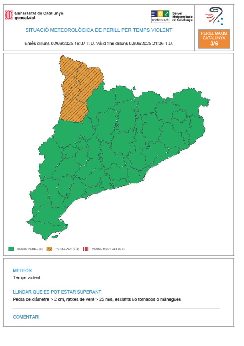 ⚠️ El Servei Meteorològic de Catalunya emet avís per temps violent (#avisosSMP) ⚠️

➡ Dl. 21:07 h a 23:06 h
➡ Possibilitat de pedra de diàmetre &gt; 2 cm, ratxes de vent &gt; 25 m/s, esclafits i/o tornados o mànegues.
➡ Grau de perill màxim:  🟠 3/6

Hora local (h) = TU+2