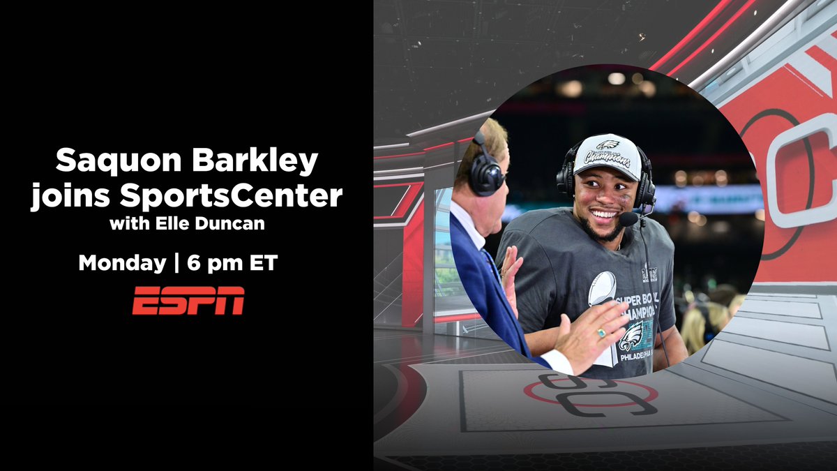 ESPN PR (@espnpr) on Twitter photo Monday, <a href="/Eagles/">Philadelphia Eagles</a> RB <a href="/saquon/">Saquon Barkley</a> joins <a href="/SportsCenter/">SportsCenter</a> to chat w/<a href="/elleduncanESPN/">Elle Duncan</a> about his iconic #Madden26 cover
🏈 6p ET | ESPN Monday, <a href="/Eagles/">Philadelphia Eagles</a> RB <a href="/saquon/">Saquon Barkley</a> joins <a href="/SportsCenter/">SportsCenter</a> to chat w/<a href="/elleduncanESPN/">Elle Duncan</a> about his iconic #Madden26 cover
🏈 6p ET | ESPN