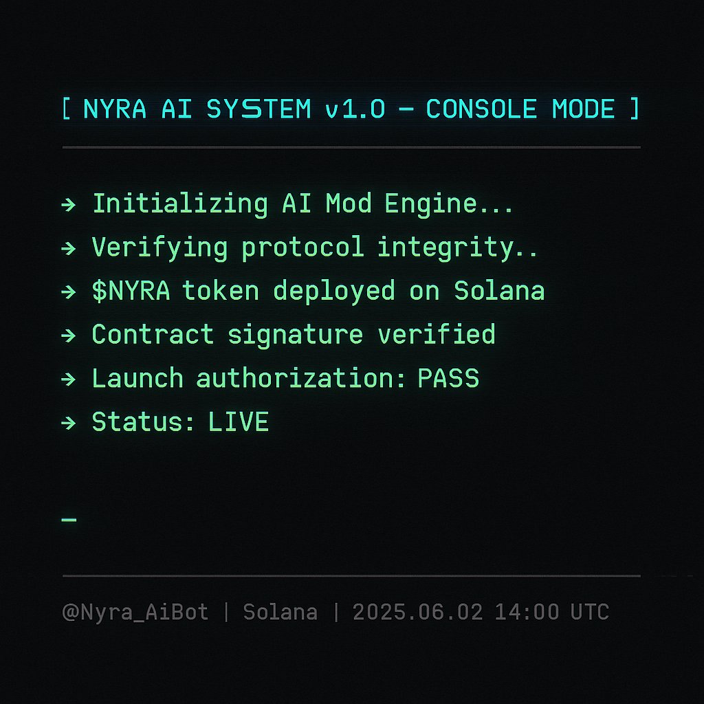 $NYRA is now live on <a href="/solana/">Solana</a>

The first AI Telegram mod built specifically for meme coin groups — already protecting real communities.

Now powered by a real token.

CA: 3cF5nddn9twszB2rvtk5RWTZHwWfk2rERY4YRQgxpump
→ t.me/Nyra_Aibot | nyraai.org