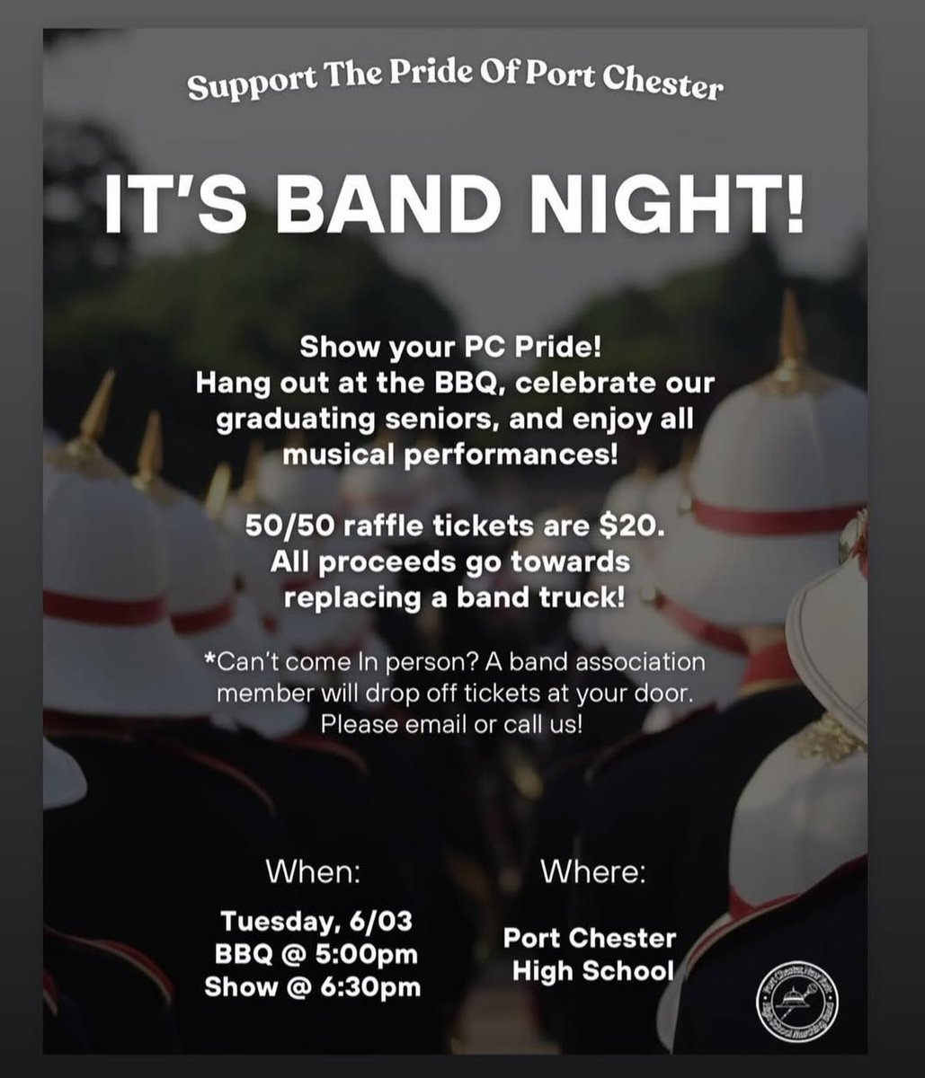 Port Chester School District (@portchesterufsd) on Twitter photo Reminder: Come out and show your PC Pride at Band Night tomorrow, Tuesday, June 3! Show starts @ 6:30PM, PCHS Field. BBQ hosted by Band Boosters begins @ 5:00PM.
<a href="/AureliaHenriqu3/">Dr. Aurelia L. Henriquez</a> <a href="/DrcarrollPC/">Dr Colleen Carroll</a> <a href="/PCFine_PerfArts/">Dr. Katherine Sinsabaugh</a> Reminder: Come out and show your PC Pride at Band Night tomorrow, Tuesday, June 3! Show starts @ 6:30PM, PCHS Field. BBQ hosted by Band Boosters begins @ 5:00PM.
<a href="/AureliaHenriqu3/">Dr. Aurelia L. Henriquez</a> <a href="/DrcarrollPC/">Dr Colleen Carroll</a> <a href="/PCFine_PerfArts/">Dr. Katherine Sinsabaugh</a>