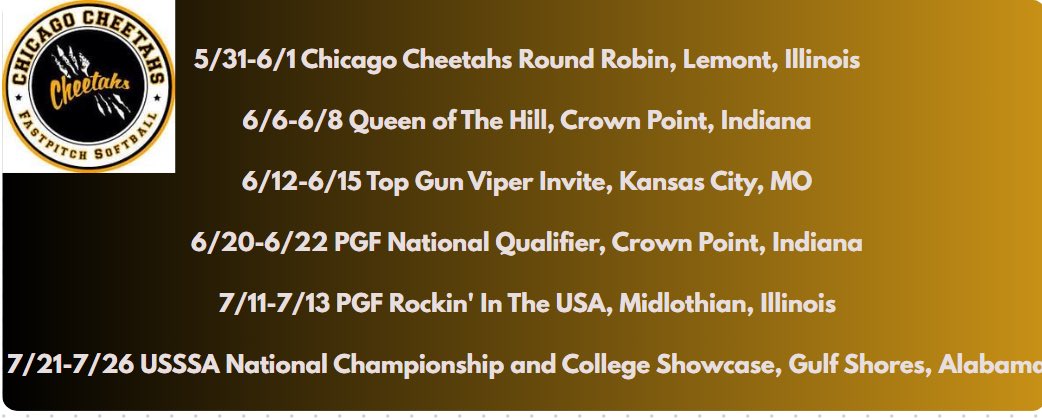 Summer Schedule Drop!! So excited to be back with <a href="/Cheetahs16uDG/">Chicago Cheetahs -Gorajski</a> and come out and watch some Cheetahs Softball! 

<a href="/BoDomeBville/">Bo Dome Bensenville</a>