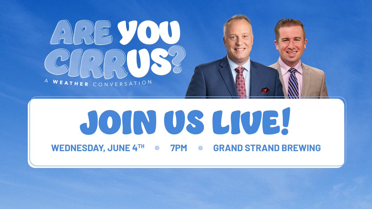 WMBF News (@wmbfnews) on Twitter photo Looking for something fun to do to celebrate the middle of the week?
Head to Grand Strand Brewing Co this Wednesday and to watch <a href="/jamiearnoldWMBF/">Jamie Arnold WMBF</a> and <a href="/AndrewWMBF/">Andrew Dockery</a>'s LIVE "Are You Cirrus" podcast!
Get your weather questions answered and have some fun with Jamie and Andrew! Looking for something fun to do to celebrate the middle of the week?
Head to Grand Strand Brewing Co this Wednesday and to watch <a href="/jamiearnoldWMBF/">Jamie Arnold WMBF</a> and <a href="/AndrewWMBF/">Andrew Dockery</a>'s LIVE "Are You Cirrus" podcast!
Get your weather questions answered and have some fun with Jamie and Andrew!