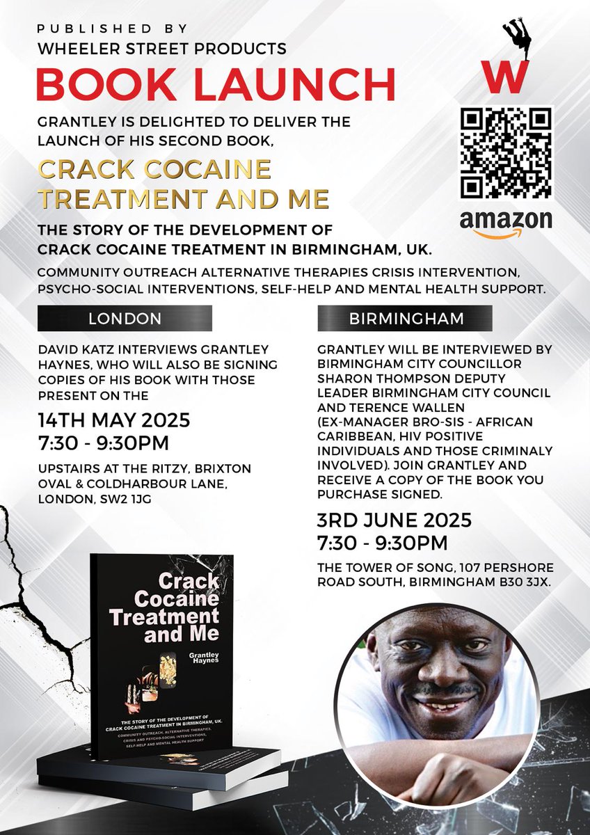 TOMORROW!

Join us for the Birmingham launch of Crack Cocaine Treatment and Me a groundbreaking story from the frontline of addiction services.

🎤Guests - Cllr Sharon Thompson &amp; Terrence Wallen
 7PM, Tower of Song, 3rd June
🎟️ towerofsong.co.uk/events/book-la…
📘 wheelerstreetproducts.co.uk/books/