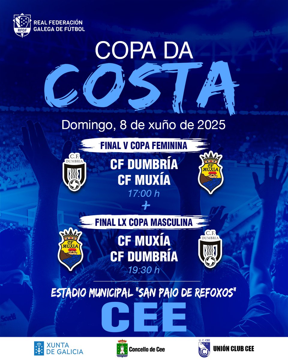 🏆 Finais 𝐂𝐎𝐏𝐀 𝐃𝐀 𝐂𝐎𝐒𝐓𝐀 𝟐𝟒-𝟐𝟓

<a href="/CFDUMBRIA1/">CF DUMBRIA</a> e <a href="/CFMuxia/">C.F. Muxía</a> xogarán polo título nas dúas finais deste ano

🗓️ Domingo 8 de xuño

▶️Final Feminina ➡️ 17:00 h
▶️Final Masculina ➡️ 19:30 h

🏟️ Estadio Municipal 𝑺𝒂𝒏 𝑷𝒂𝒊𝒐 𝒅𝒆 𝑹𝒆𝒇𝒐𝒙𝒐𝒔 𝒅𝒆 𝑪𝒆𝒆