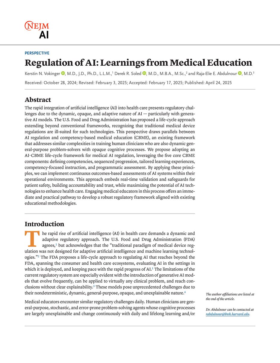 NEJM AI (@nejm_ai) on Twitter photo Perspective by Kerstin N. Vokinger, MD, JD, PhD, LLM (<a href="/KNVokinger/">Kerstin Noëlle Vokinger</a>), Derek R. Soled, MD, MBA, MSc, and Raja-Elie E. Abdulnour, MD (<a href="/BageLeMage/">Raja-Elie Abdulnour</a>): Regulation of AI: Learnings from Medical Education nejm.ai/3YNQ5Se
#ArtificialIntelligence Perspective by Kerstin N. Vokinger, MD, JD, PhD, LLM (<a href="/KNVokinger/">Kerstin Noëlle Vokinger</a>), Derek R. Soled, MD, MBA, MSc, and Raja-Elie E. Abdulnour, MD (<a href="/BageLeMage/">Raja-Elie Abdulnour</a>): Regulation of AI: Learnings from Medical Education nejm.ai/3YNQ5Se
#ArtificialIntelligence