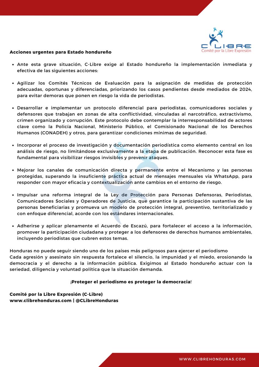🕯️ ¡Otro periodista asesinado bajo protección estatal!
Javier Hércules fue asesinado en Copán pese a contar con medidas de Protección.

Desde C-Libre exigimos acciones urgentes:
🔺 Acelerar asignación de medidas pendientes
🔺 Protocolo especial para zonas de alto riesgo.