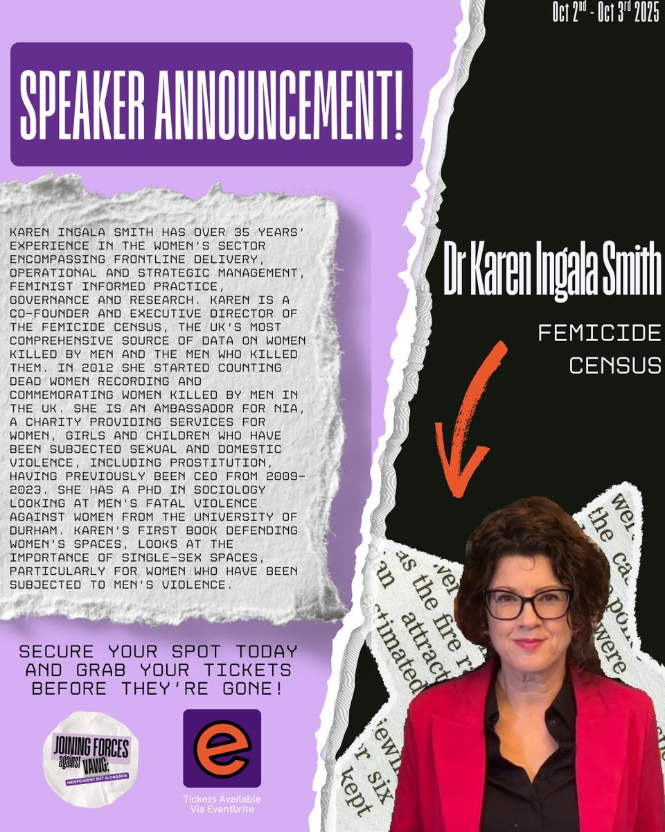 We are delighted to announce that Dr Karen Ingala Smith will be speaking at our Conference about Violence Against Women and Girls and the Armed Forces, 'Joining Forces Against VAWG - Independent But Alongside', in Portsmouth in October. 

#JoiningForcesVAWG

🧵👇