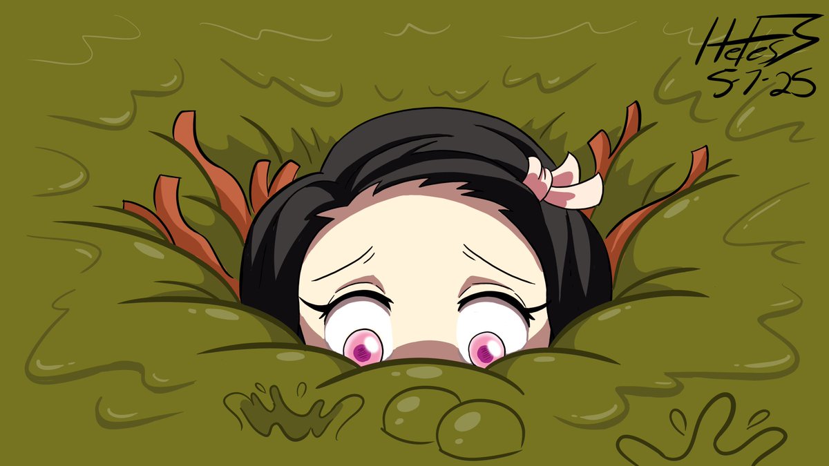 Tanjirou had merely taken his eyes off Nezuko for a second but that was more than enough time for her to go wandering off, and with a loud *splut* she had ended up muzzle deep in a swampy quicksand marsh.  At least she won't have to worry about sunlight from beneath the surface.