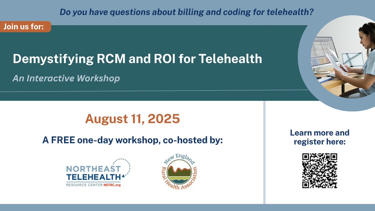 Join the #NETRC Team and <a href="/EnglandHealth/">New England Rural Health Association</a> for a free, one-day interactive workshop on 8/11 designed to unpack the complexities of Revenue Cycle Management (RCM) and Return on Investment (ROI) in #telehealth! Register Today: nerha.org/events/0yrk4t4…