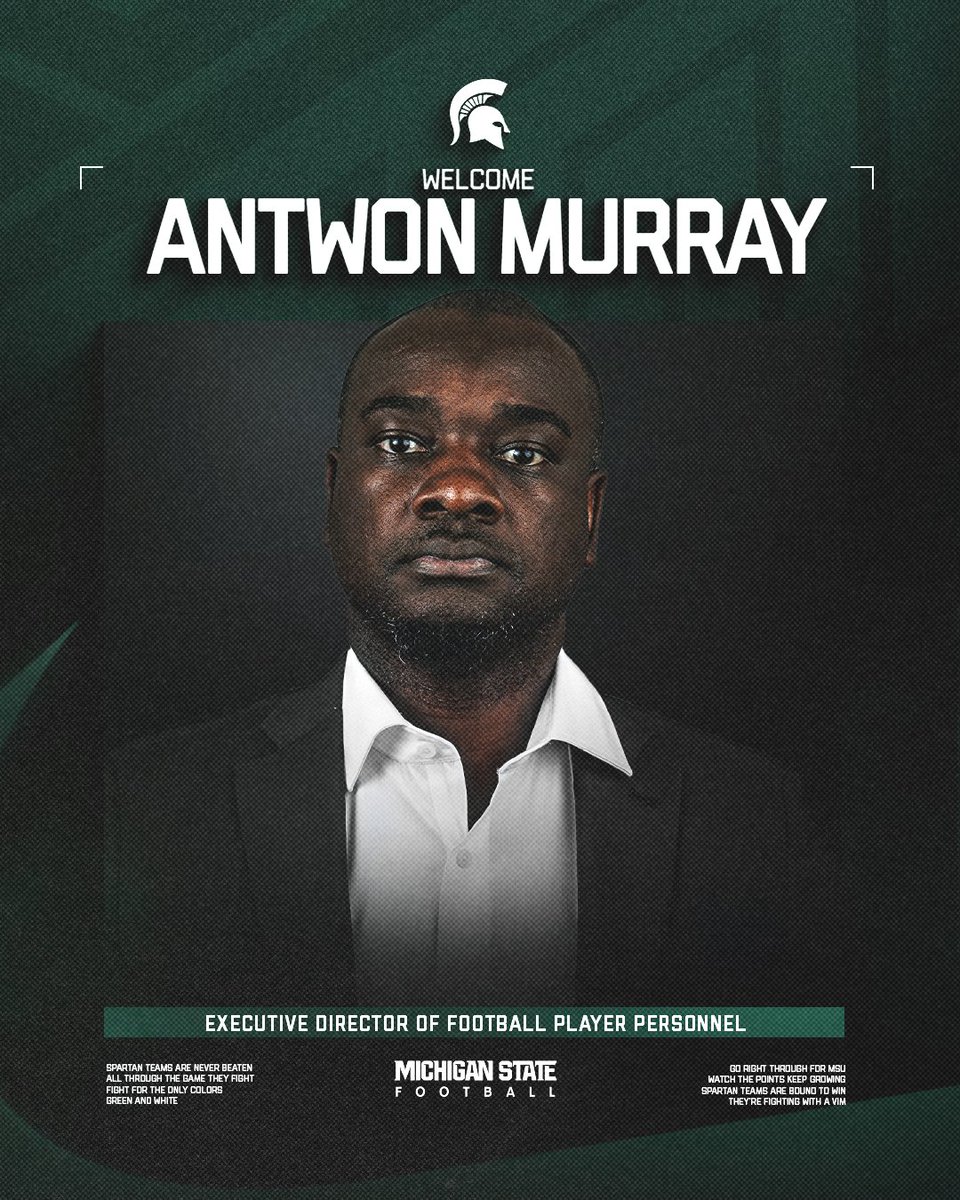 Michigan State Football (@msu_football) on Twitter photo Spartan Nation, join us in welcoming <a href="/Antwon_Murray/">Antwon Murray</a> to the family!
After spending nine years as an NFL scout with the Tampa Bay Buccaneers, Antwon is now joining us as our Executive Director of Player Personnel! Spartan Nation, join us in welcoming <a href="/Antwon_Murray/">Antwon Murray</a> to the family!
After spending nine years as an NFL scout with the Tampa Bay Buccaneers, Antwon is now joining us as our Executive Director of Player Personnel!