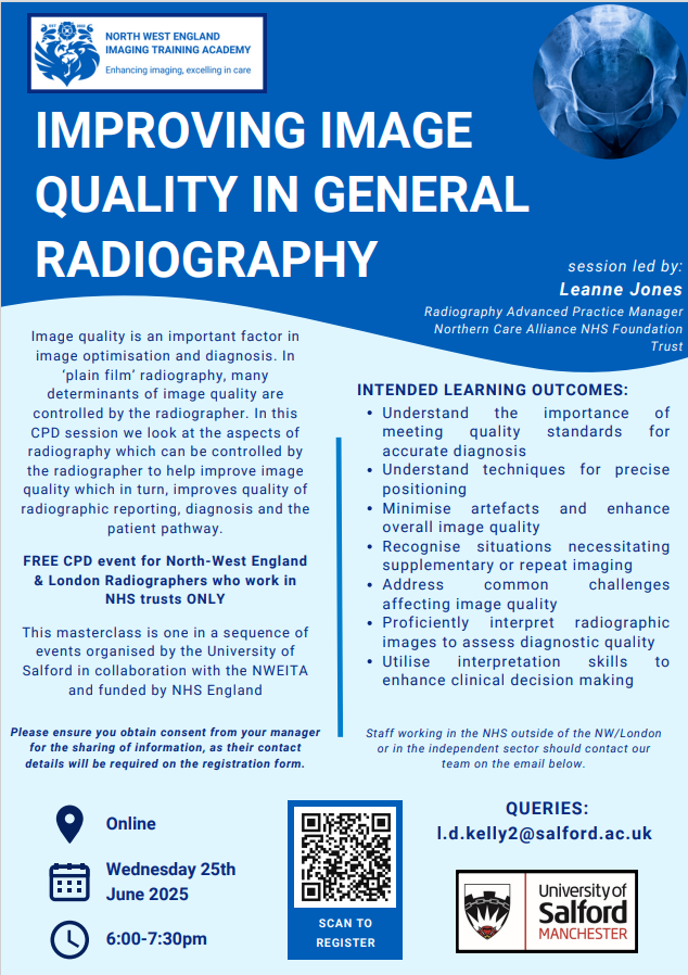 🎓 Free CPD Opportunity! 🎓
Now open to LONDON NHS and North West England NHS Trusts!

📅 Open for Registration:
Register now via the North West Imaging Training Academy Learning platform. Simply scan the QR code to create an account and secure your spot!

#CPD 
#Radiography