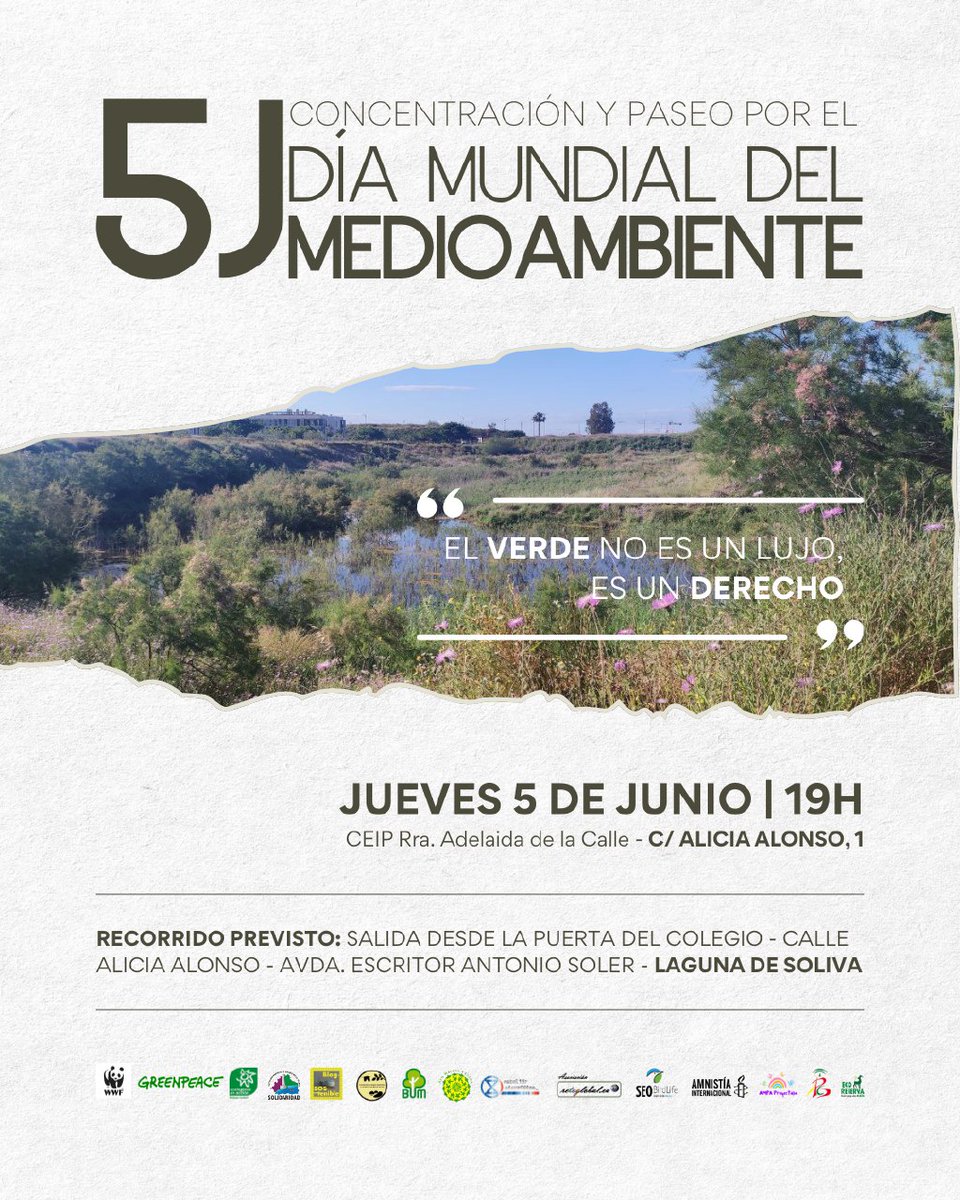 El 5 de junio celebraremos el Día Mundial del #MedioAmbiente, con el lema 'El verde no es un lujo, es un derecho'. Las organizaciones convocantes llamamos a un acto a las 19 h frente al colegio Rectora Adelaida de la Calle y un paseo a la #laguna de #Soliva. ¡Te esperamos! 🤗💚🌳
