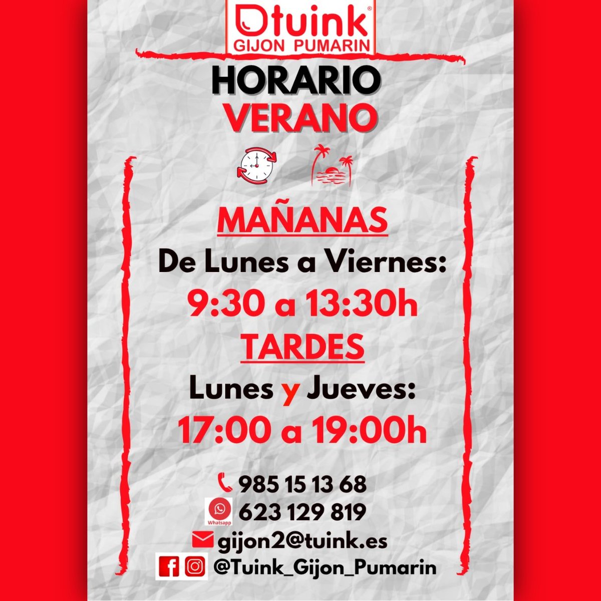 📣📣 Desde hoy (y hasta nuevo aviso) este será nuestro #horario de #verano 👌😎 

#Tinta #Tóner #Papel #Impresoras🖨 #Periféricos⌨️🖱🎧 #ConsumiblesInformáticos #ReveladoDigital📸 #Diseño3D #Impresión3D #Filamentos3D y más...

#Tuink #Gijón #Pumarín