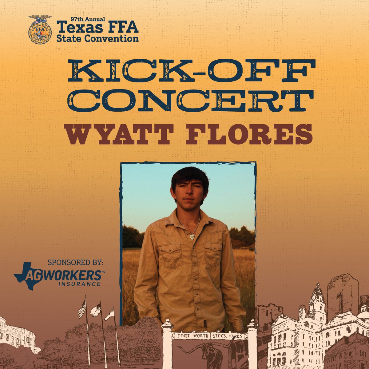 Ag Workers is proud to sponsor once again the Kick-off Concert at the Texas FFA Convention in Fort Worth! This year's showcase will feature the incredibly talented Wyatt Flores on Tuesday, July 1st at 8 P.M.

We can't wait to see you at the show!

#WyattFlores #TexasFFA
