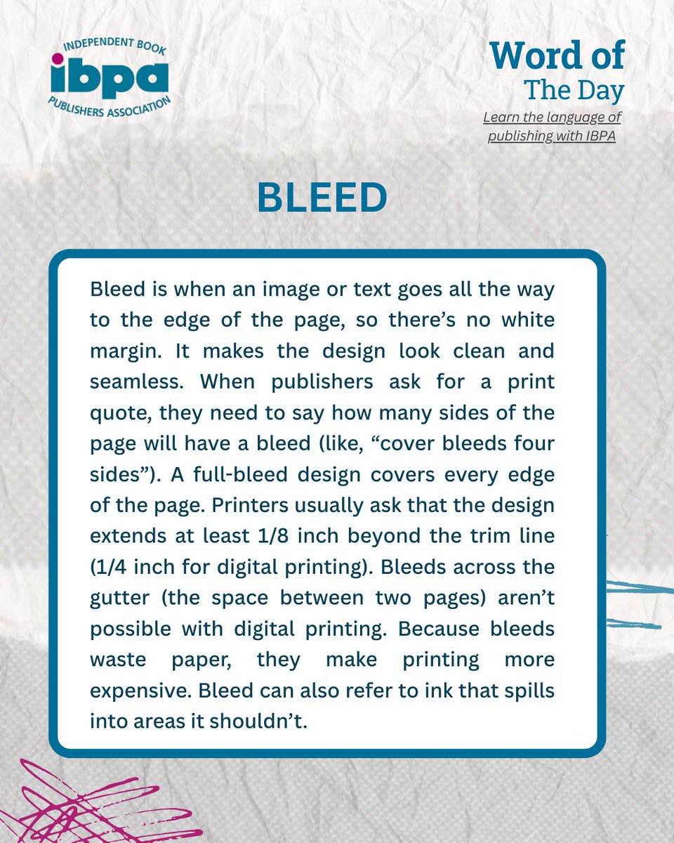 Confused about all the publishing buzz words? We’ve got you! 

Did you know that ‘bleed’ in publishing has nothing to do with blood? 😅 It’s all about going beyond the page edges to make sure the design reaches the very edge after trimming.