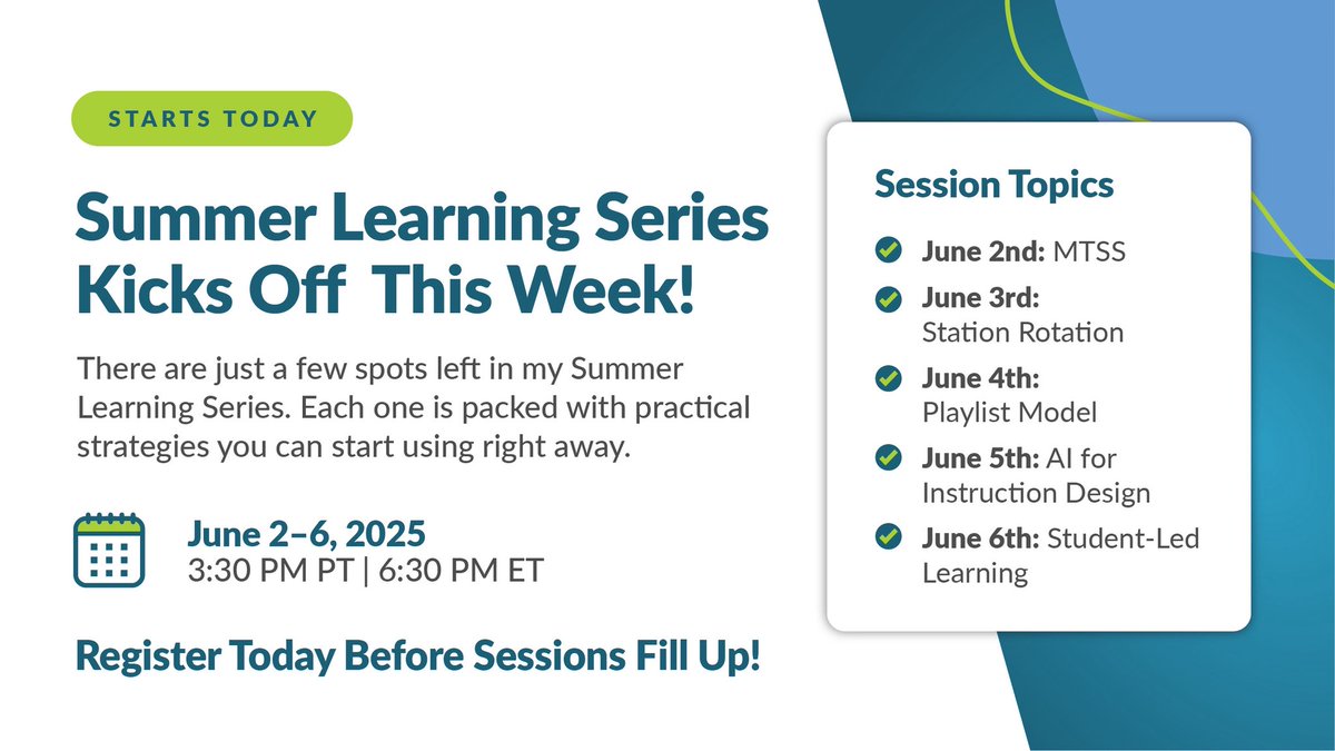 Catlin_Tucker's tweet image. Summer Learning Series kicks off TODAY!🎉

We’re starting w/ a 1-hour session on #MTSS + strategies to elevate Tier 1 instruction

🕞 3:30 PM PT / 6:30 PM ET
⭐ 30-day access to recording
⭐ Playlist with resources

📅 More topics all week—join us here 👇
🔗