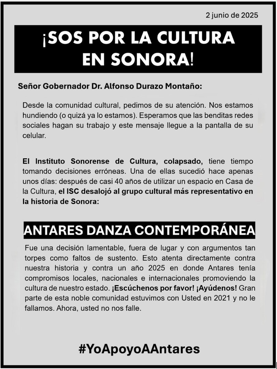 La compañía Antares Danza Contemporánea lanza este reclamo.
Además, tienen un foro en busca de firmas de apoyo a su causa en  <a href="/Change_Mex/">Change.org México</a>: 
▶️change.org/p/sos-por-anta…