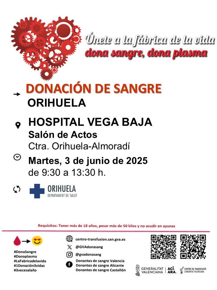 📌💉¡¡¡ATENTOS!!! Donación de #sangre en la #VegaBaja. Se necesitan en la provincia de Alicante 250 unidades diarias de sangre. Acercaos mañana al #HospitalVegaBaja de #SanBartolome en #Orihuela.
📰Más detalles, ahí👉
todoculturavegabaja.es/eventos/orihue…
<a href="/GVAsanitat/">GVA Sanitat</a> <a href="/GVAdonasang/">GVA Dona Sang</a> <a href="/AytoOrihuela/">AytoOrihuela</a>