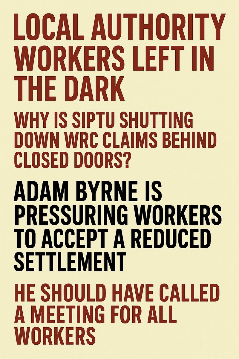 🚨 32 Carlow council workers owed €100Ks in unpaid holiday pay

SIPTU’s Adam Byrne is ringing workers individually to pressure them into accepting a fraction of what’s owed  with no union meeting no vote no accountability

This isn’t representation  it’s betrayal.
#WorkersRights