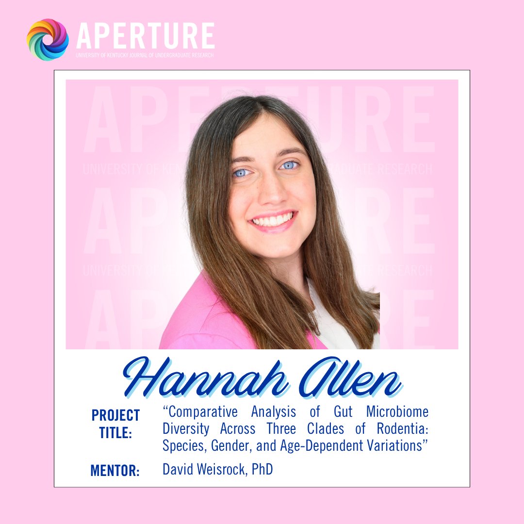 Aperture Author Spotlight: Hannah Allen

Hannah's project titled "Comparative Analysis of Gut Microbiome Diversity Across Three Clades of Rodentia: Species, Gender, and Age-Dependent Variations,” was conducted with Dr. David Weisrock in the Department of Biology.

Read Hannah's