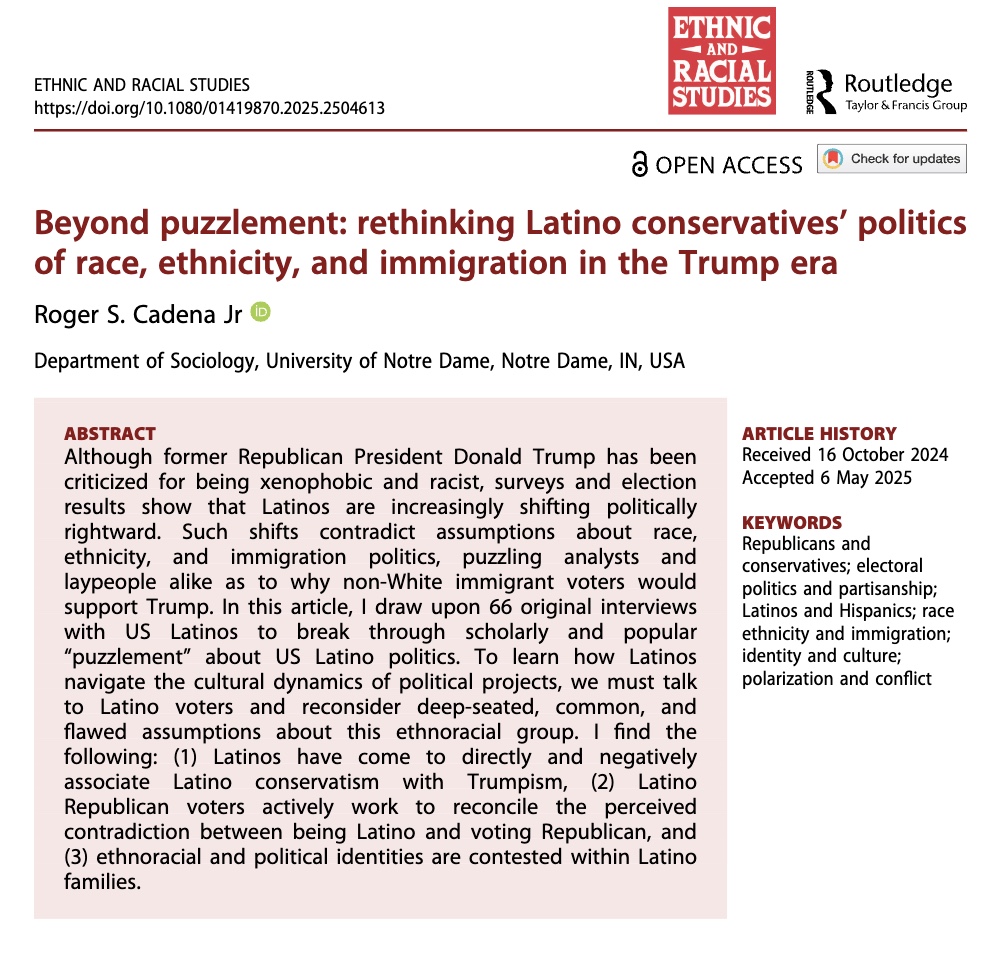 dr. roger chain 👨🏻🏫 (@rscadenasoc) on Twitter photo my article for <a href="/ERSjournal/">Ethnic and Racial Studies</a> is finally available online.
in the article, I overview some of my dissertation findings, urge us to rethink how we think about Latino conservatism and study "Latino politics," and, finally, offer some of my thoughts on the 2024 elections. my article for <a href="/ERSjournal/">Ethnic and Racial Studies</a> is finally available online.
in the article, I overview some of my dissertation findings, urge us to rethink how we think about Latino conservatism and study "Latino politics," and, finally, offer some of my thoughts on the 2024 elections.