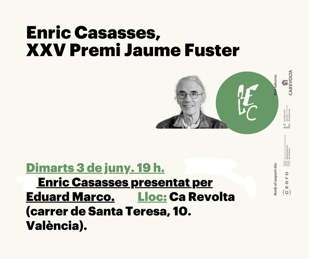 2025, dimarts 3 de juny:
santa teresa, jaume fuster, enric castanyes i, sobretot, eduard marco!