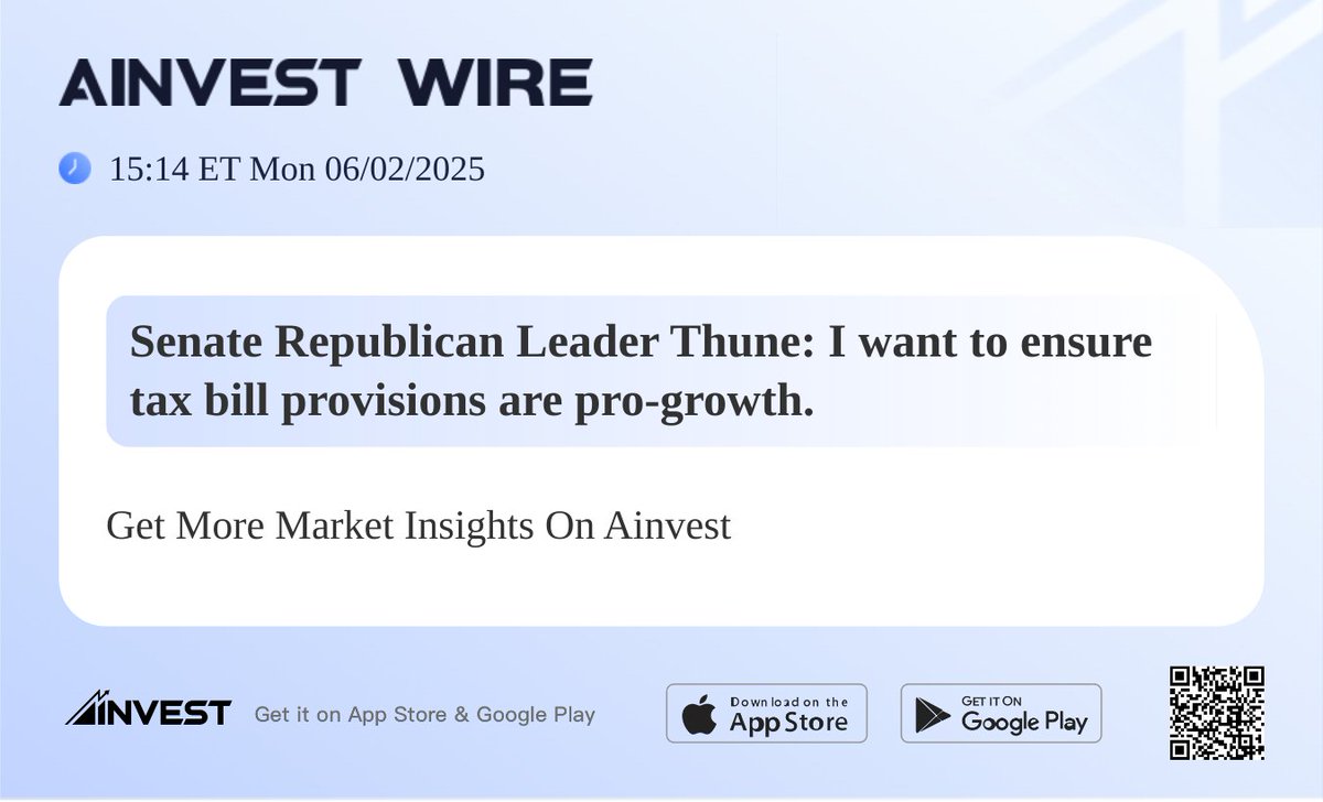 ainvest02's tweet image. Senate Republican Leader Thune: I want to ensure tax bill provisions are pro-growth.
#AInvest #Ainvest_Wire #Election2022 #Midterms2022 #MidtermElections2022
View more: ftn.ai/TU3HULDMU
