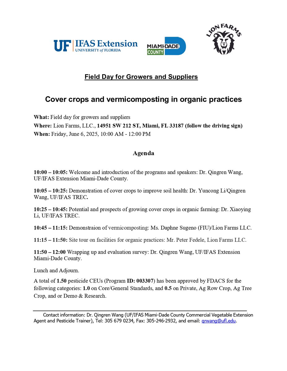 UF IFAS Horticulture Vegetable Crops (@ufhortvegcrops) on Twitter photo 🌿 Join us Friday, June 6 at Lion Farms for a Field Day on cover crops & vermicomposting in organic systems! 🌱 10AM–12PM, 14951 SW 212 ST, Miami, FL. Bring your reusable water bottle! #OrganicFarming #SoilHealth #UFIFAS #SustainableAg <a href="/UFTropical/">UF IFAS Tropical Research and Education Center</a> <a href="/UF_IFAS/">UF IFAS Solutions</a> 🌿 Join us Friday, June 6 at Lion Farms for a Field Day on cover crops & vermicomposting in organic systems! 🌱 10AM–12PM, 14951 SW 212 ST, Miami, FL. Bring your reusable water bottle! #OrganicFarming #SoilHealth #UFIFAS #SustainableAg <a href="/UFTropical/">UF IFAS Tropical Research and Education Center</a> <a href="/UF_IFAS/">UF IFAS Solutions</a>