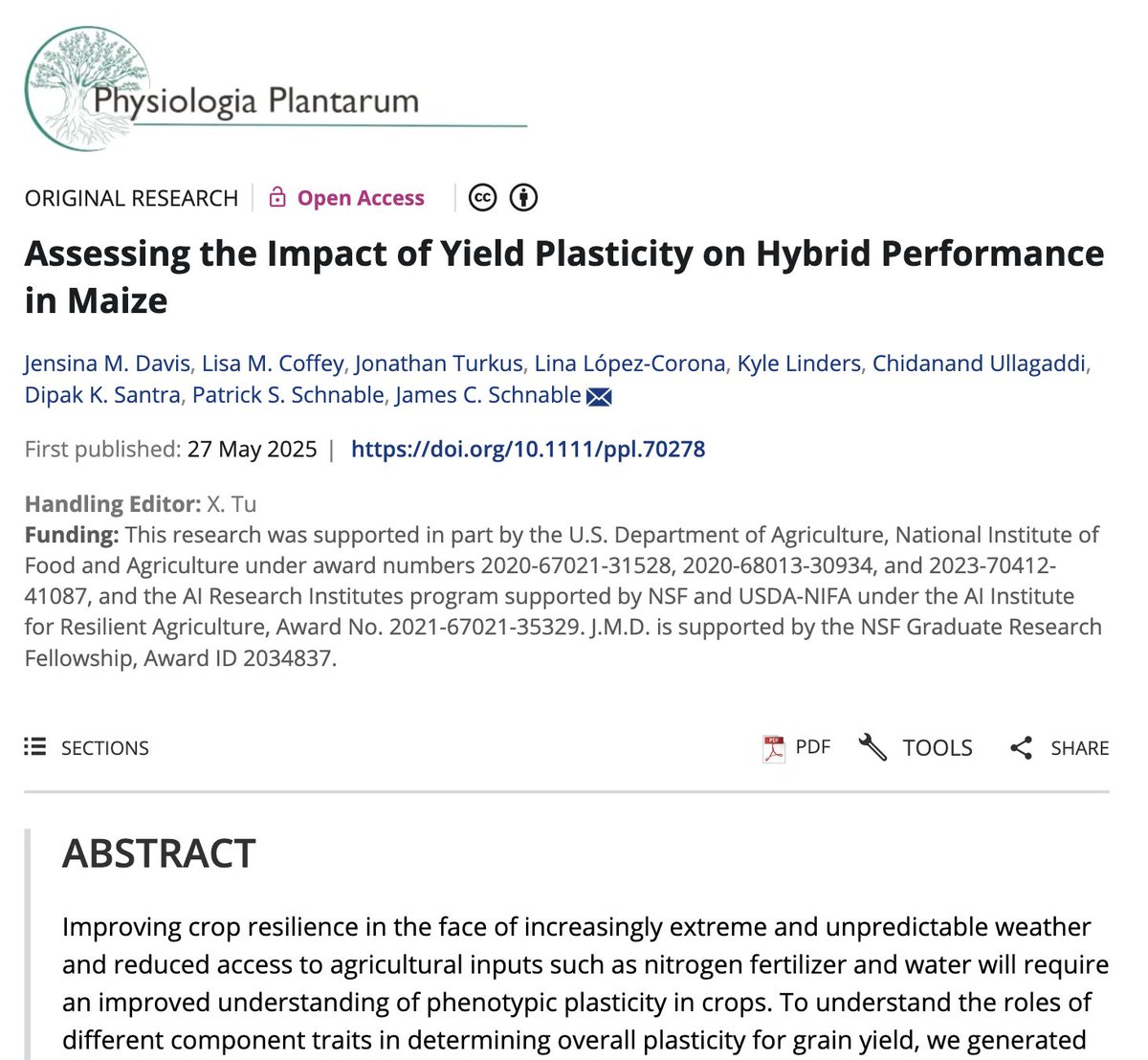 James Schnable (@szintri) on Twitter photo Protecting against downside risk doesn’t have to come at the expense of continued increases in the yield potential.
No evidence of a tradeoff between yield stability and maximum yield in an analysis of hybrid performance across 34 environments. New pub led by <a href="/JensinaDavis/">Jensina Davis</a>. Protecting against downside risk doesn’t have to come at the expense of continued increases in the yield potential.
No evidence of a tradeoff between yield stability and maximum yield in an analysis of hybrid performance across 34 environments. New pub led by <a href="/JensinaDavis/">Jensina Davis</a>.